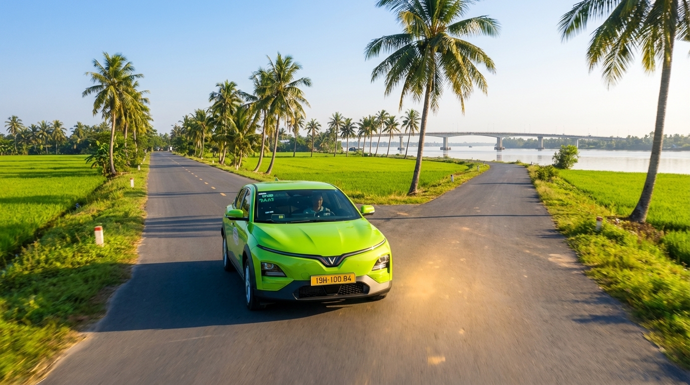 Taxi VinFast VF6 màu xanh cốm trên đường đi Đồng Tháp qua cánh đồng lúa xanh
