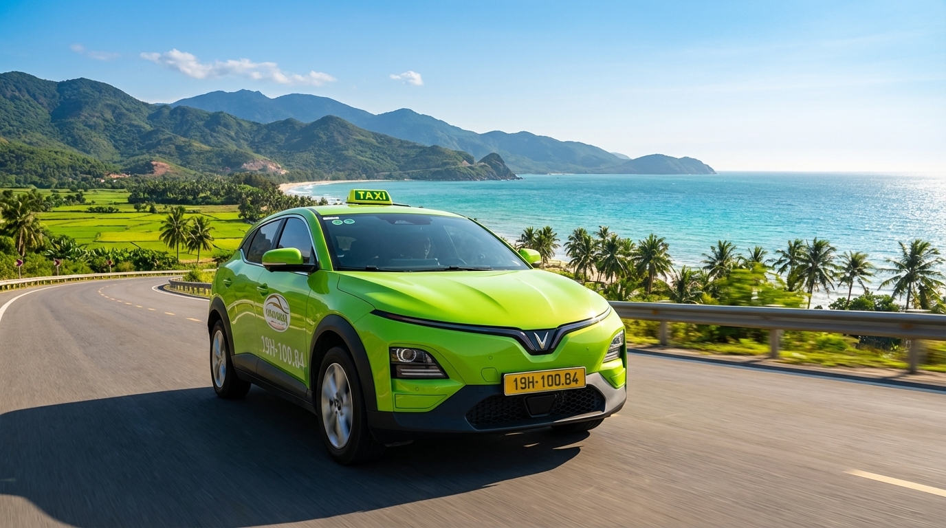 Taxi VinFast VF6 trên đường ven biển hướng Nha Trang