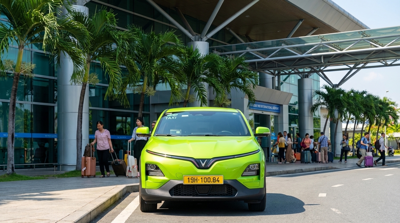 Taxi VinFast VF6 xanh cốm đậu trước sân bay Cần Thơ