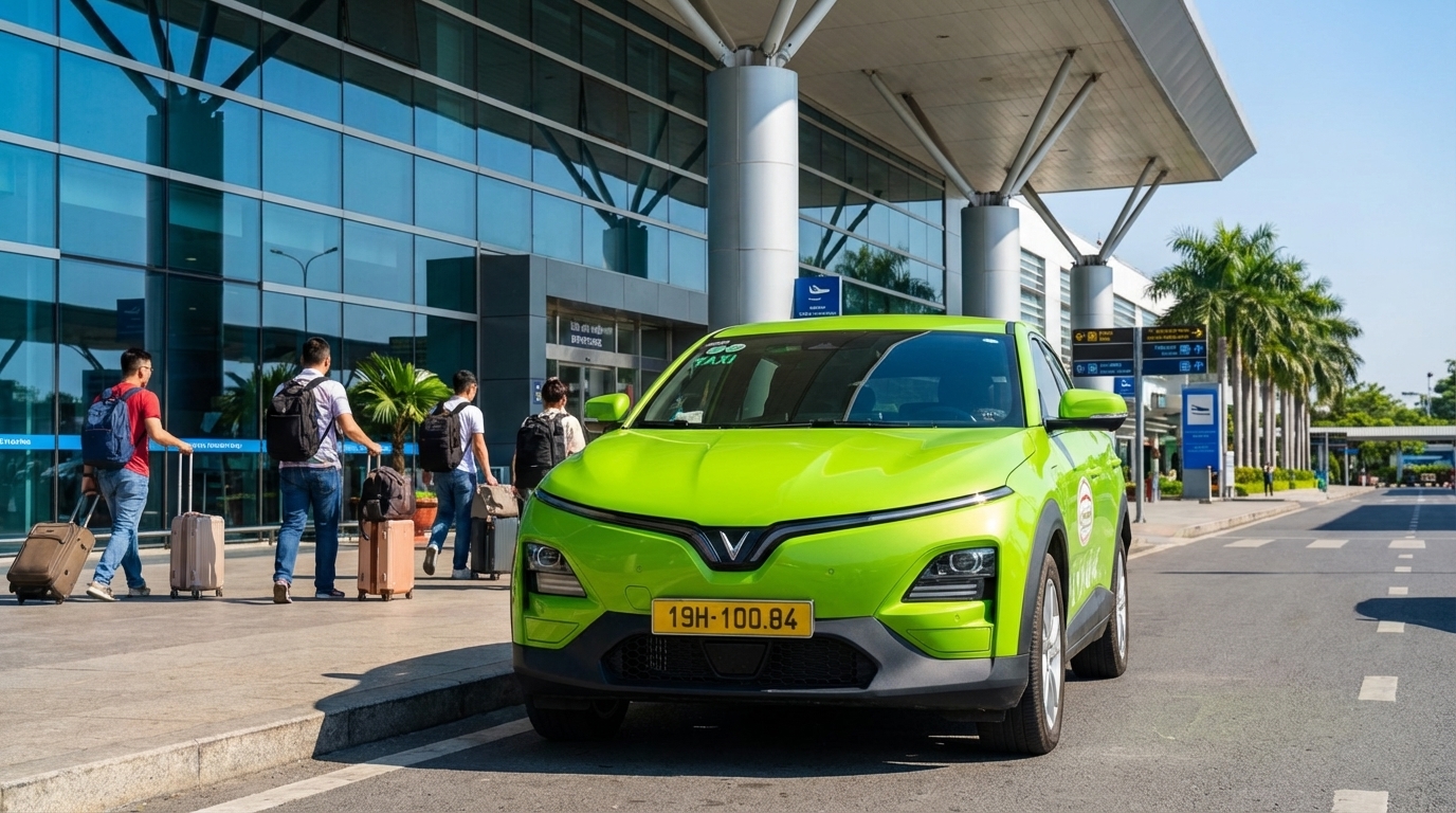 Taxi VinFast VF6 xanh cốm đậu tại sân bay Tân Sơn Nhất