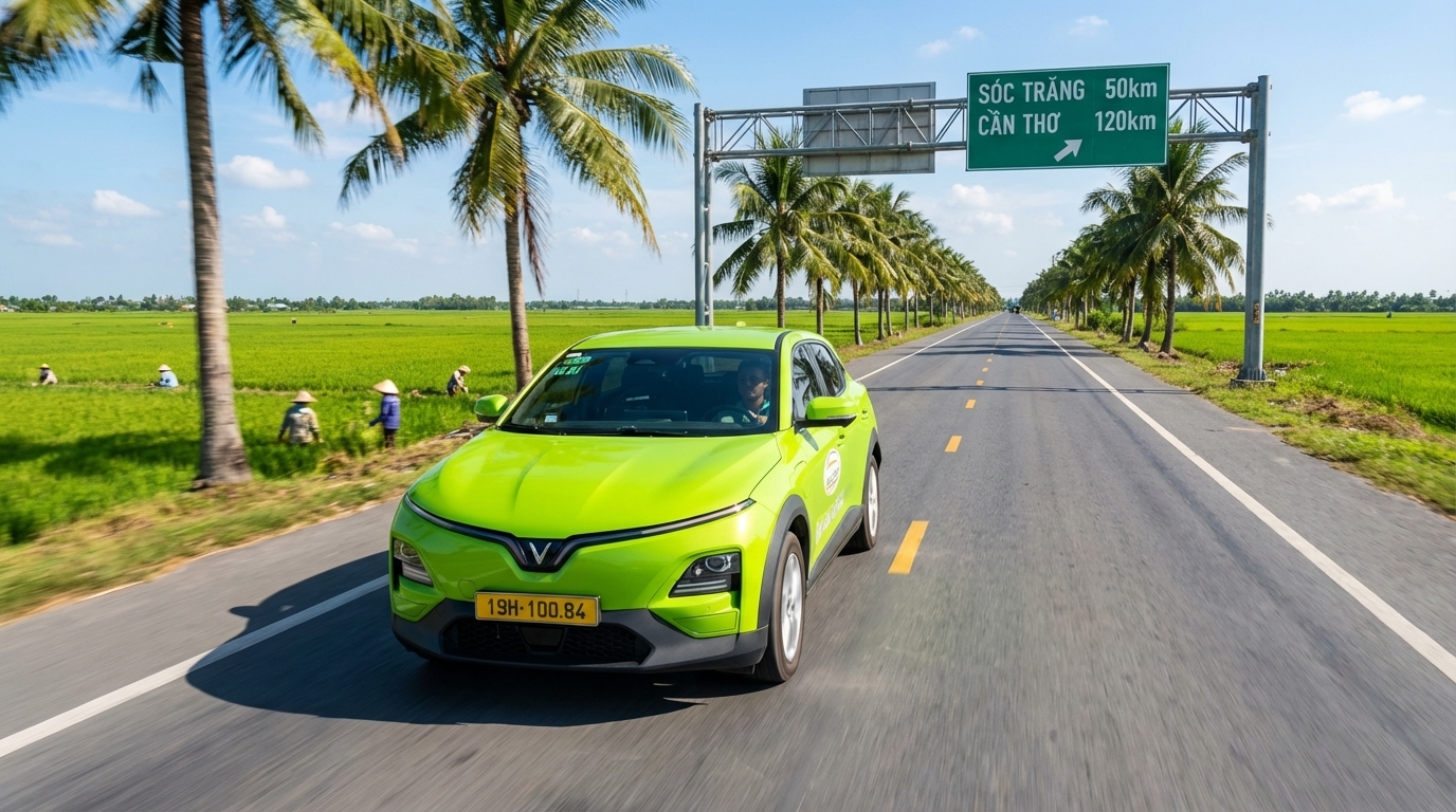 Taxi VinFast VF6 màu xanh cốm trên đường đi từ Long Xuyên đến Sóc Trăng