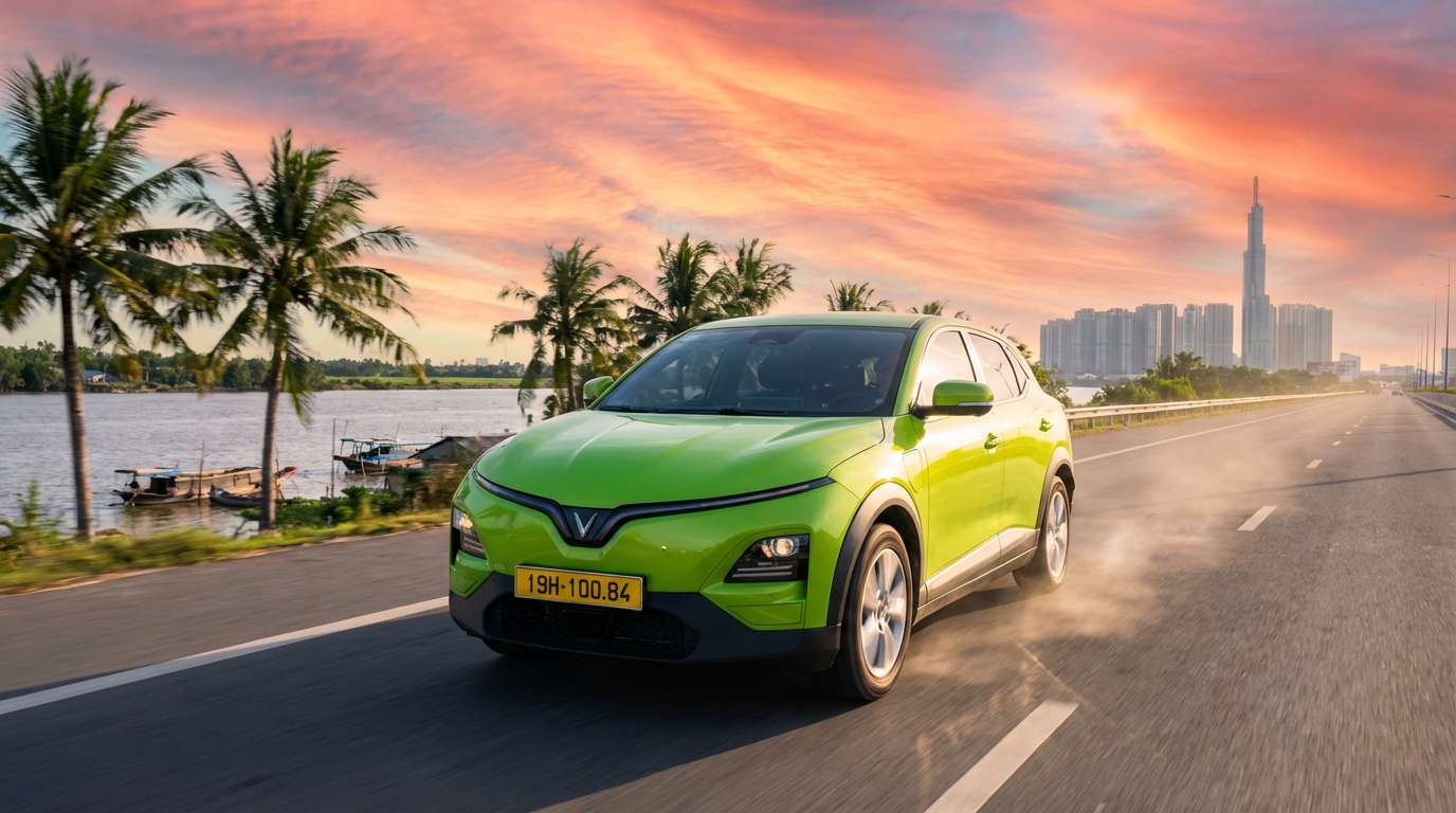 Taxi Long Xuyên đi TP Hồ Chí Minh - Xe điện VinFast VF6 xanh cốm trên cao tốc