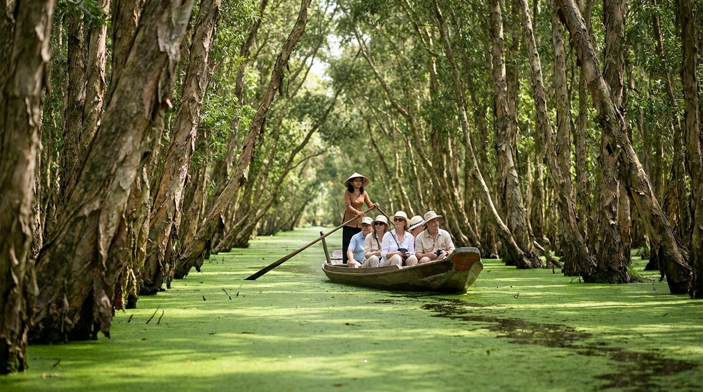 Xuồng chèo tay len lỏi giữa rừng tràm Trà Sư phủ bèo xanh
