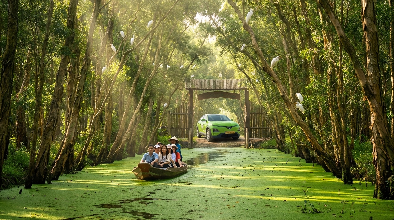 Rừng tràm Trà Sư buổi sáng sớm với xuồng chở khách và taxi VinFast VF6 đậu ở cổng vào