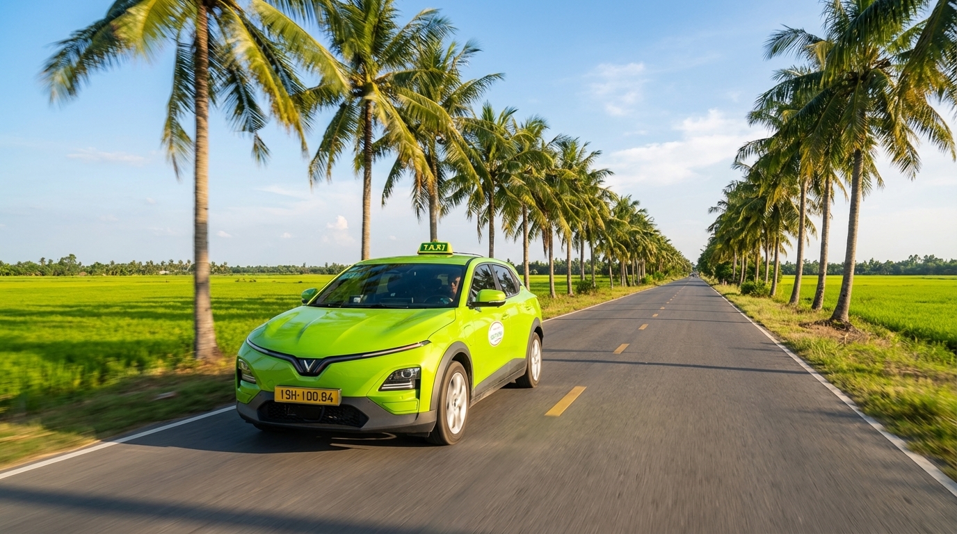 Taxi VinFast VF6 trên đường từ Long Xuyên đi Vĩnh Long qua cánh đồng lúa
