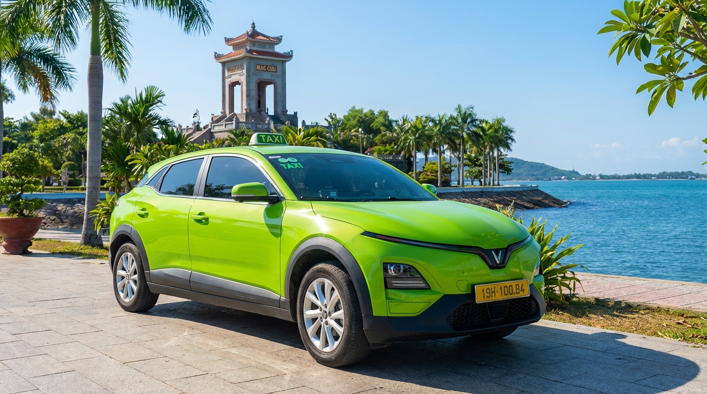 Taxi VinFast VF6 xanh cốm tại bãi biển Hà Tiên