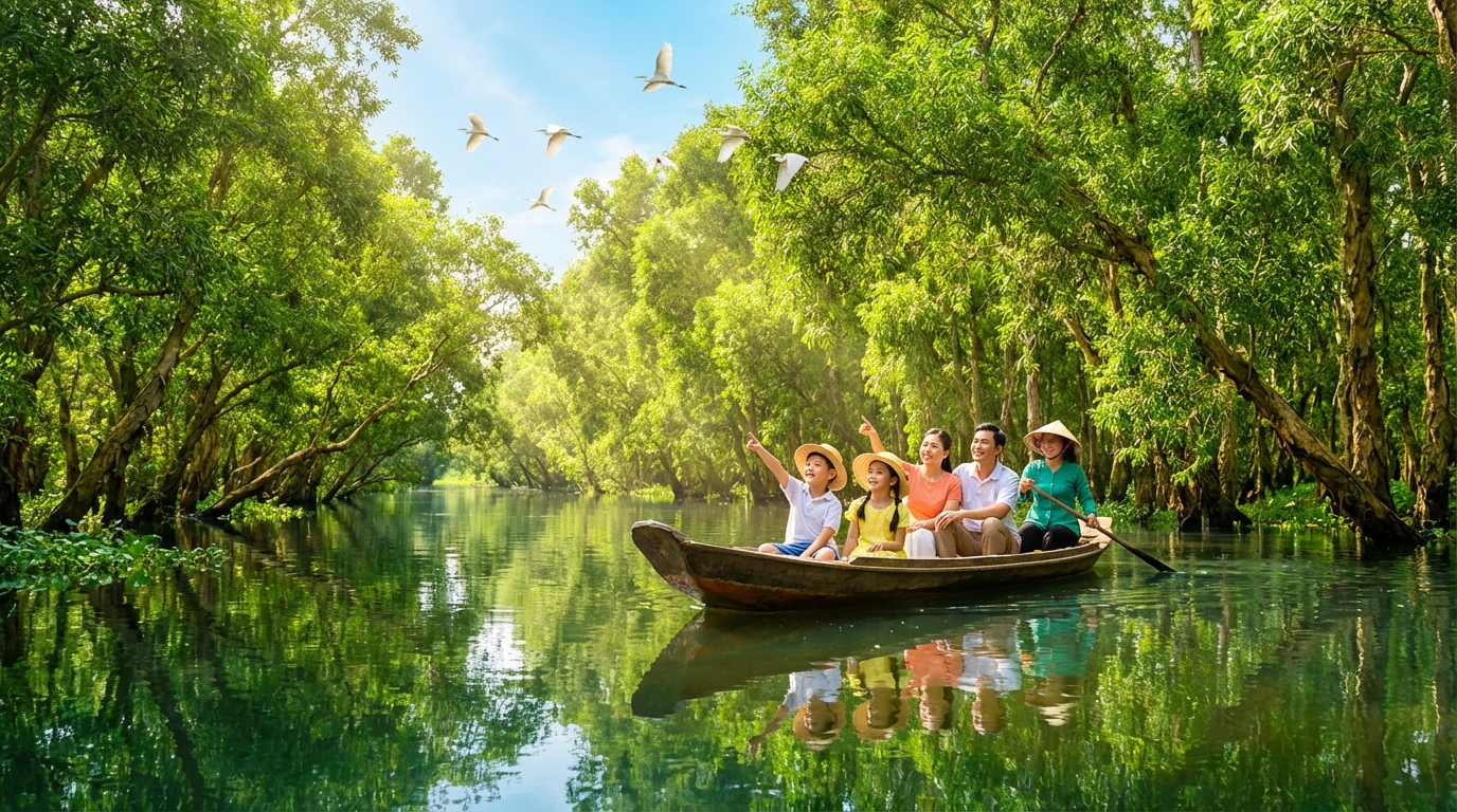 Gia đình du lịch rừng tràm Trà Sư mùa hè, ngồi xuồng ngắm cảnh thiên nhiên xanh mát