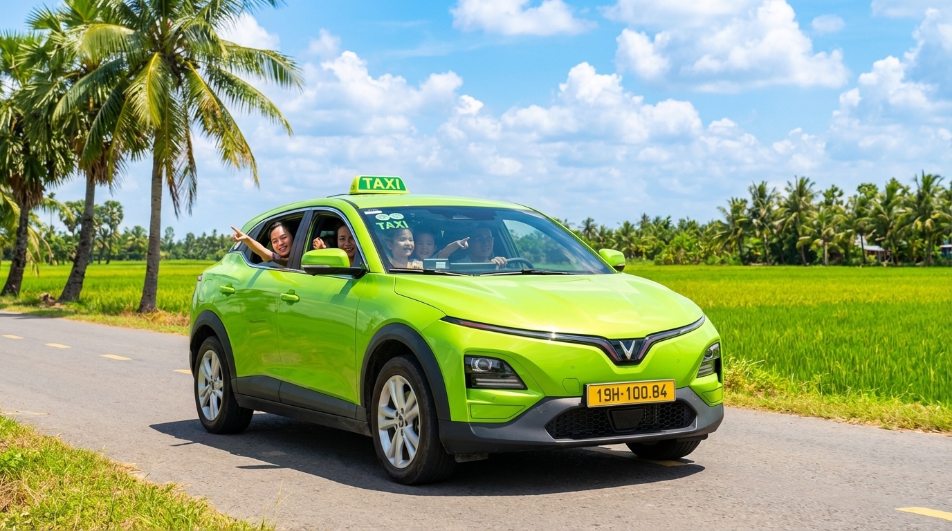 Taxi VinFast VF6 xanh cốm chạy trên đường mùa hè An Giang với đồng lúa xanh