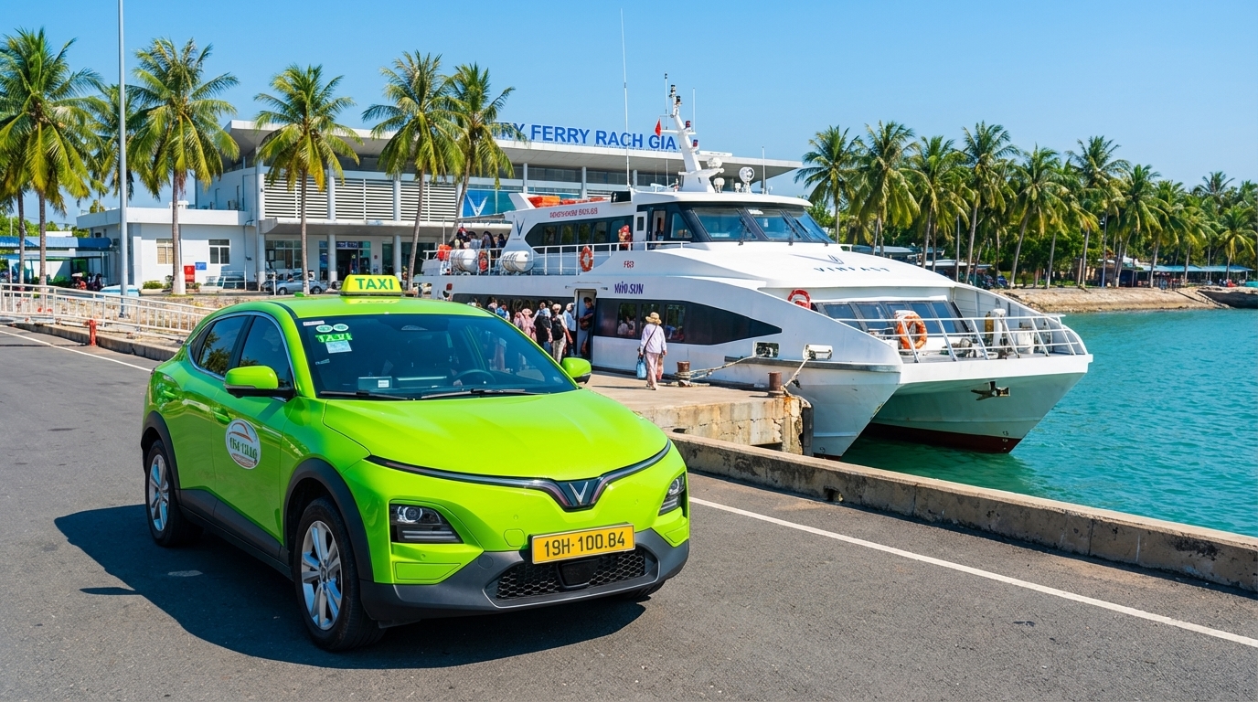 Taxi VinFast VF6 xanh cốm đậu tại bến tàu Rạch Giá với tàu đi Hòn Sơn phía sau