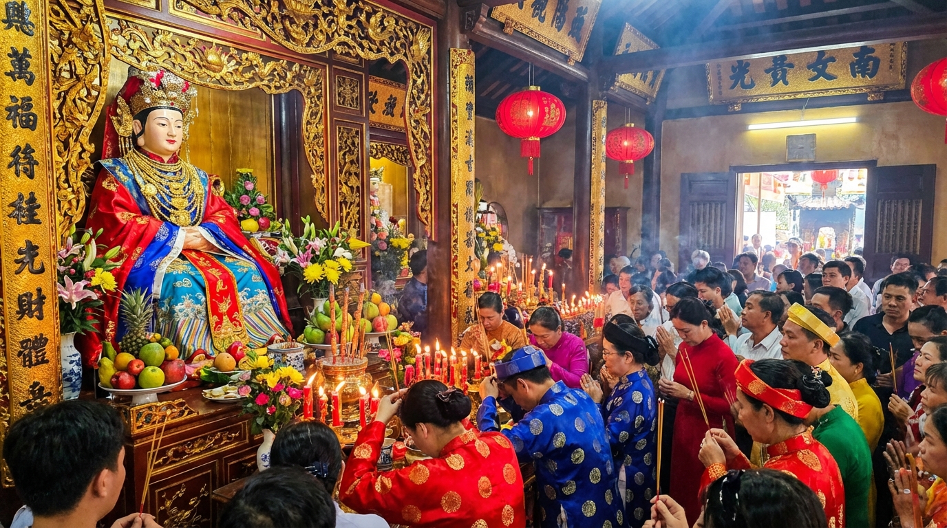 Không gian Miếu Bà Chúa Xứ Núi Sam trong mùa lễ hội với người hành hương và nhang khói