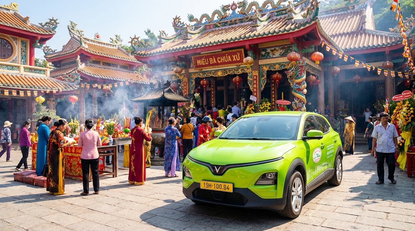 Taxi VinFast VF6 xanh cốm đậu trước Miếu Bà Chúa Xứ Núi Sam mùa lễ hội