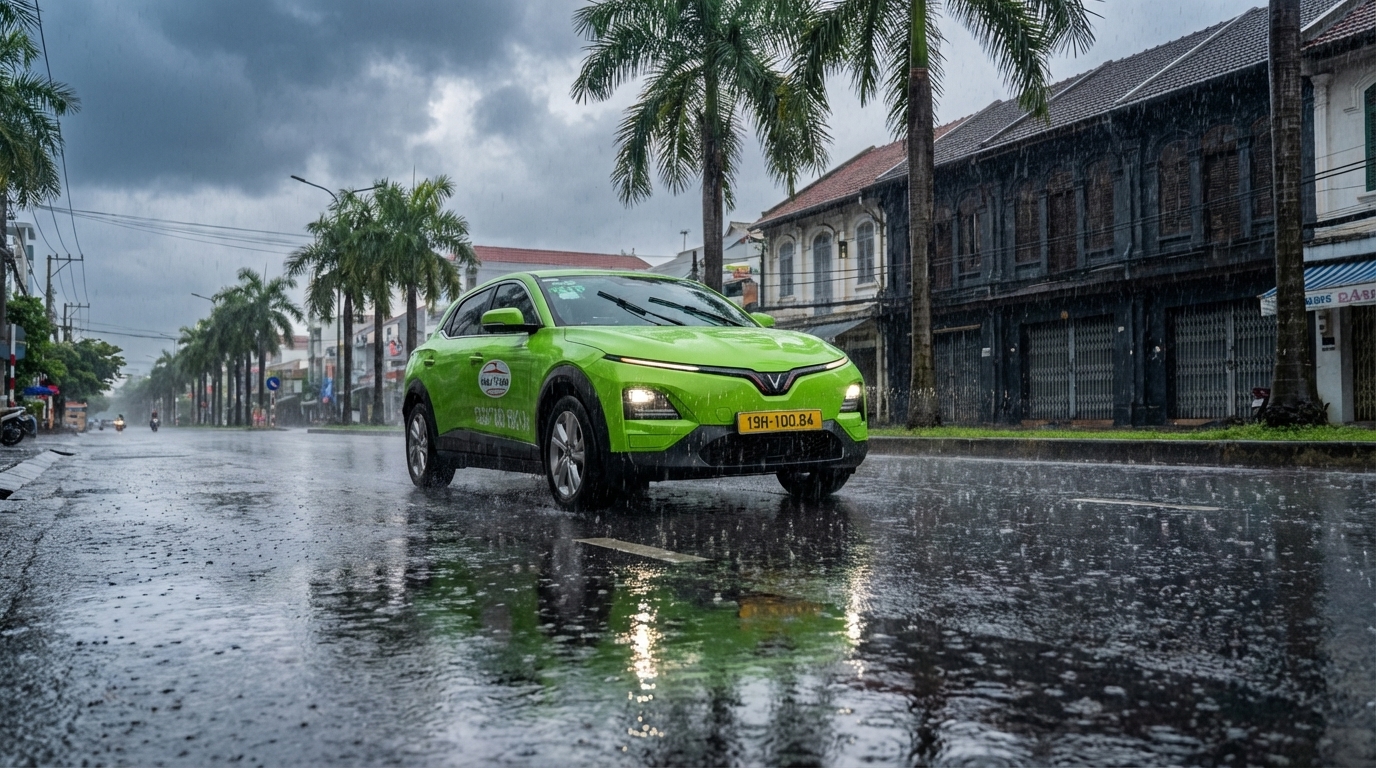 Taxi VinFast VF6 xanh cốm di chuyển trên đường mưa tại Long Xuyên