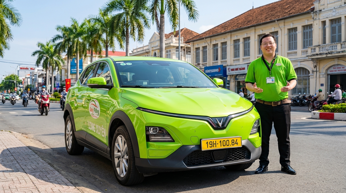 Tài xế taxi chuyên nghiệp bên cạnh xe VinFast VF6 sẵn sàng phục vụ tuyến Long Xuyên - Rạch Giá