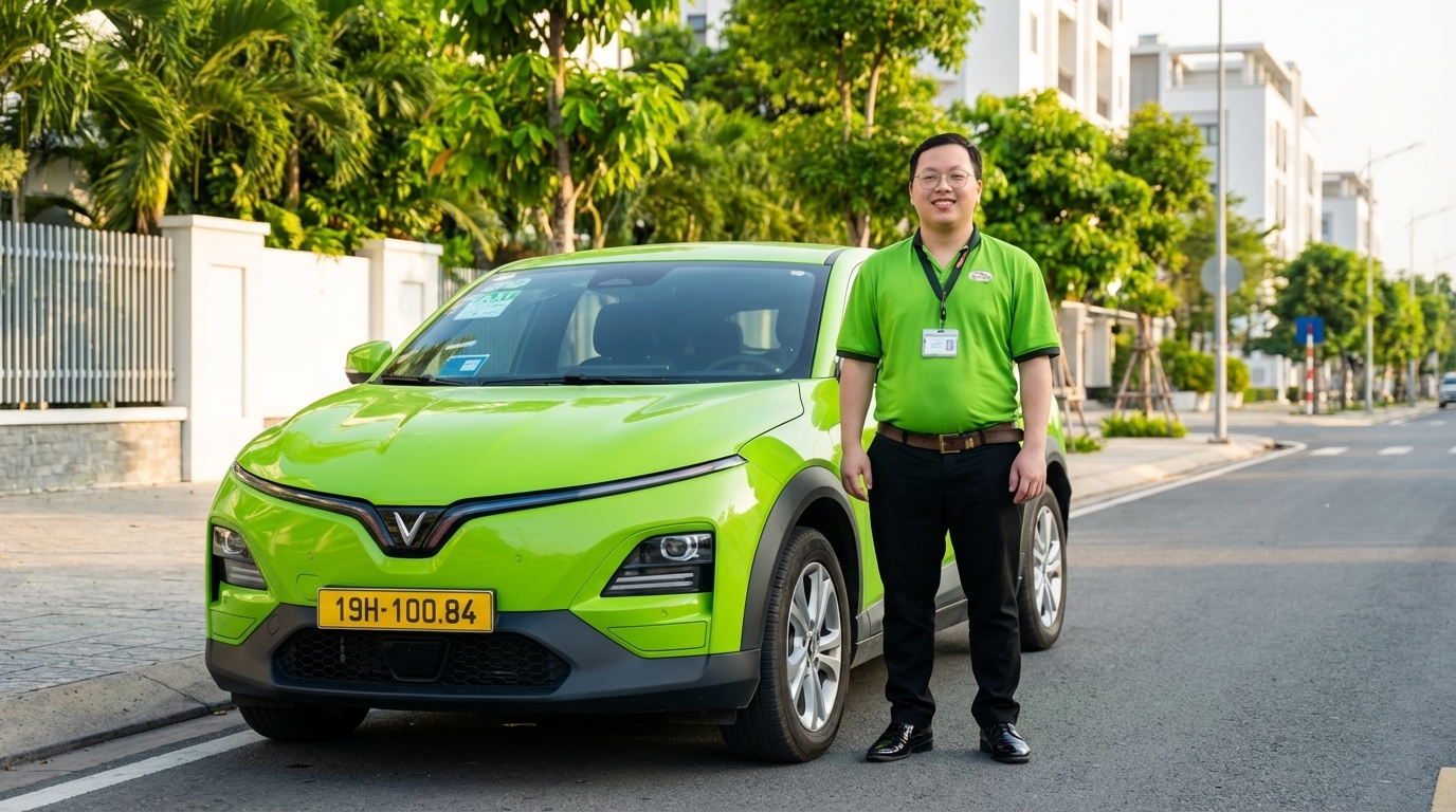 Tài xế Taxi Long Xuyên đứng cạnh xe VinFast VF6 cam kết an toàn