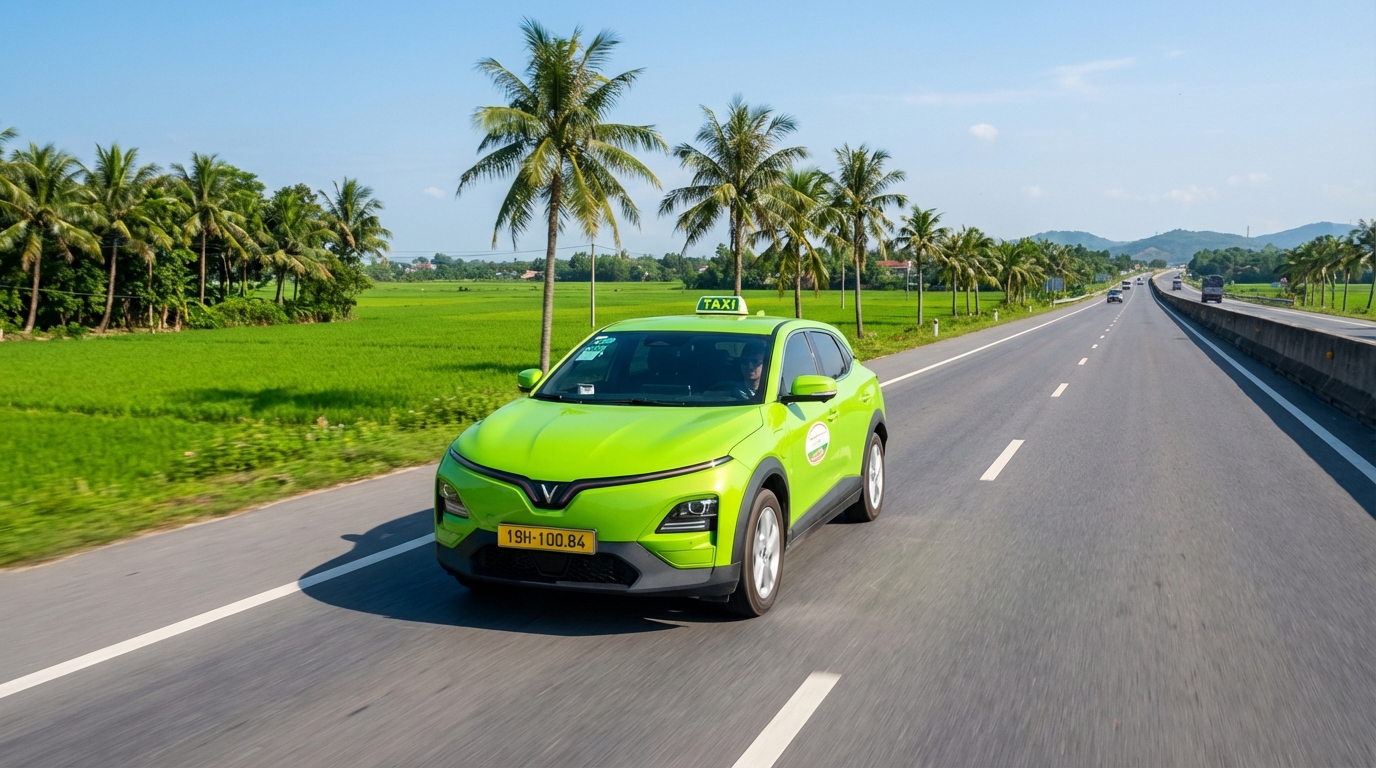 Taxi điện VinFast VF6 màu xanh cốm đi từ Long Xuyên đến Sài Gòn phục vụ khám bệnh