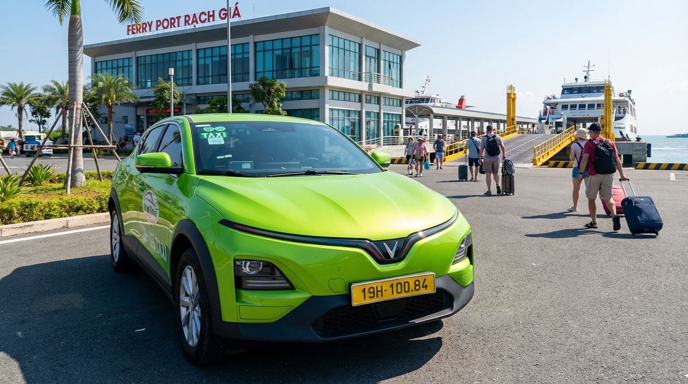Taxi điện VinFast VF6 màu xanh cốm tại sân bay Cần Thơ