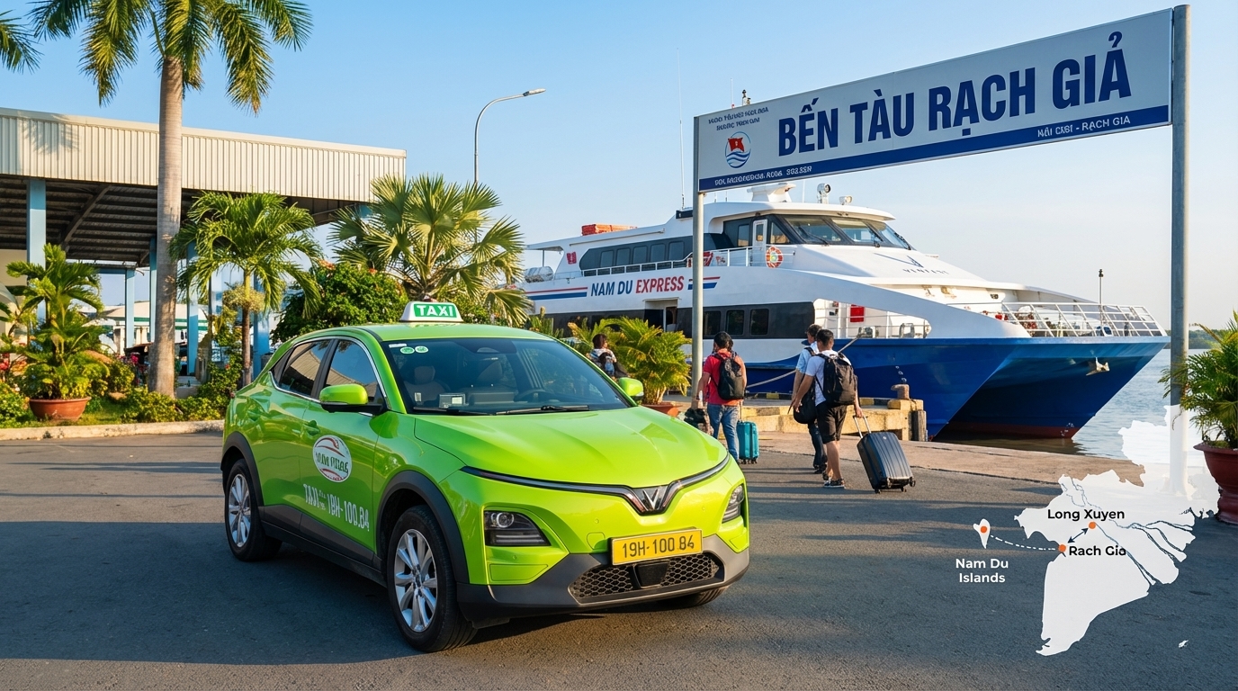 Taxi VinFast VF6 xanh cốm tại bến tàu Rạch Giá với tàu đi Nam Du phía sau