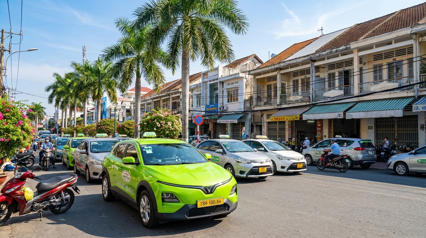 Taxi tại An Giang với xe VinFast VF6 xanh cốm trên đường phố Long Xuyên