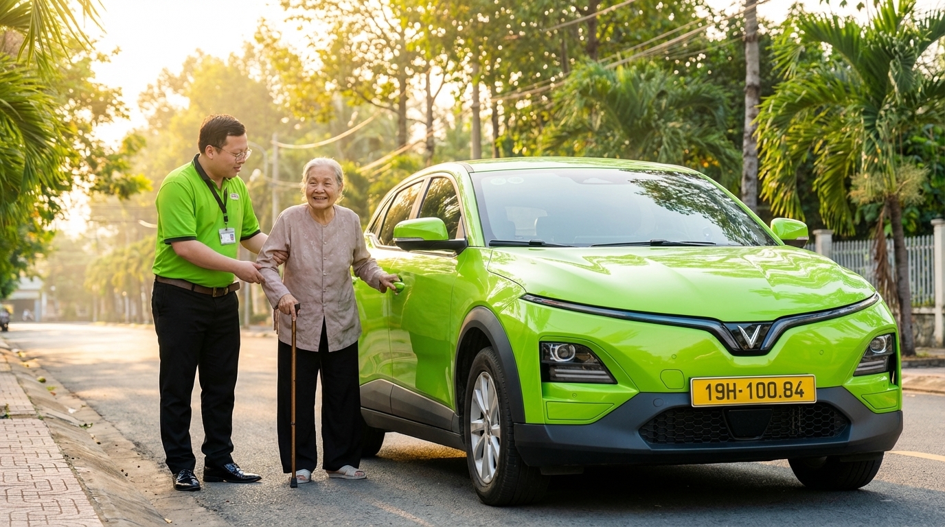 Tài xế taxi hỗ trợ người cao tuổi lên xe VinFast VF6 tại Long Xuyên