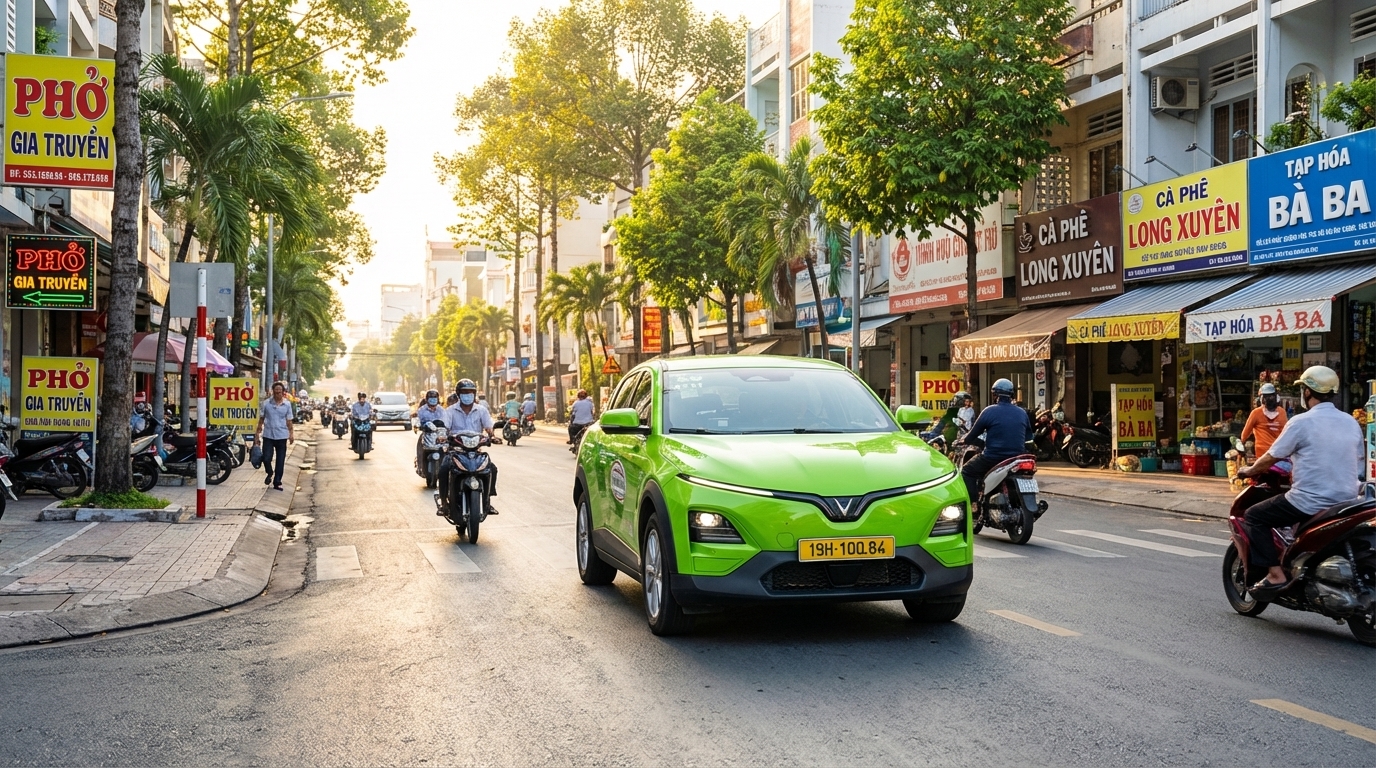 Taxi VinFast VF6 màu xanh cốm chạy trên đường nội thành Long Xuyên