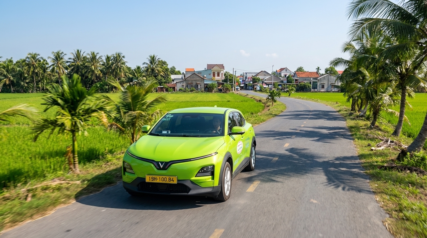 Taxi VinFast VF6 chạy trên đường quê An Giang với ruộng lúa và hàng dừa