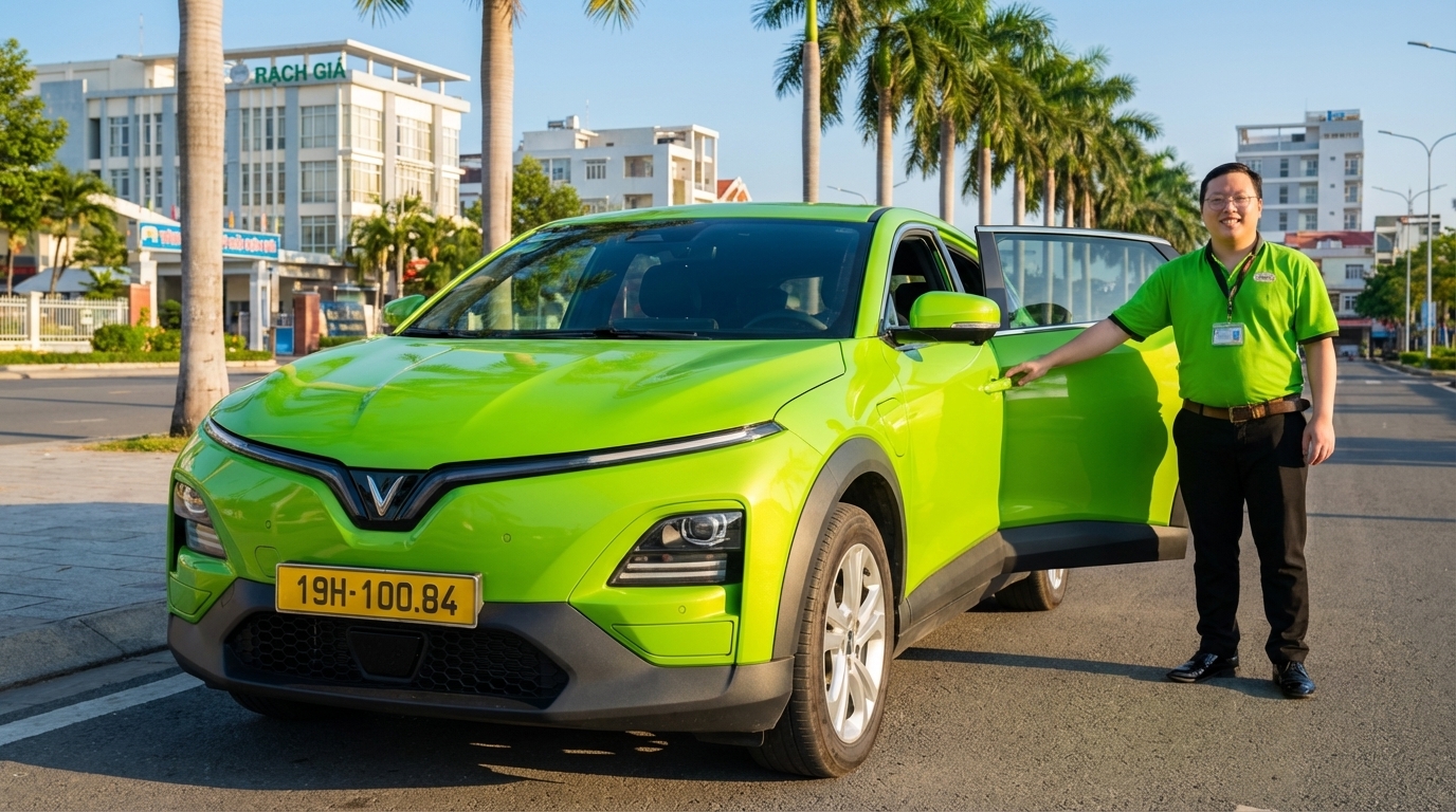 Tài xế Taxi Long Xuyên mở cửa xe VinFast VF6 xanh cốm đón khách tại Rạch Giá