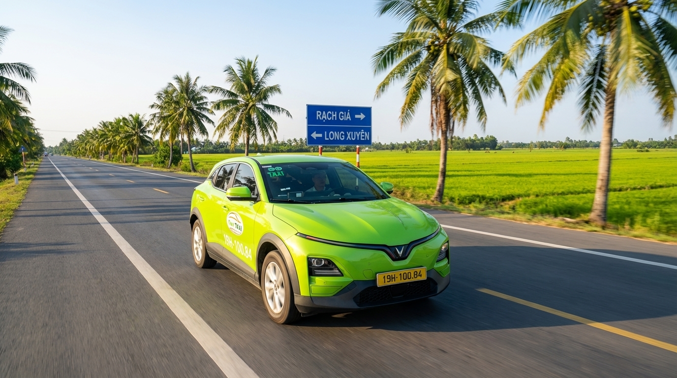 Taxi VinFast VF6 xanh cốm chạy trên đường từ Long Xuyên đi Rạch Giá qua đồng lúa xanh