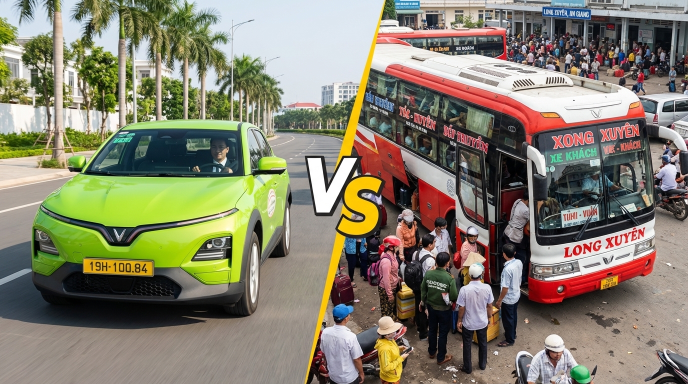So sánh taxi VinFast VF6 và xe khách trên tuyến Long Xuyên đi Rạch Giá