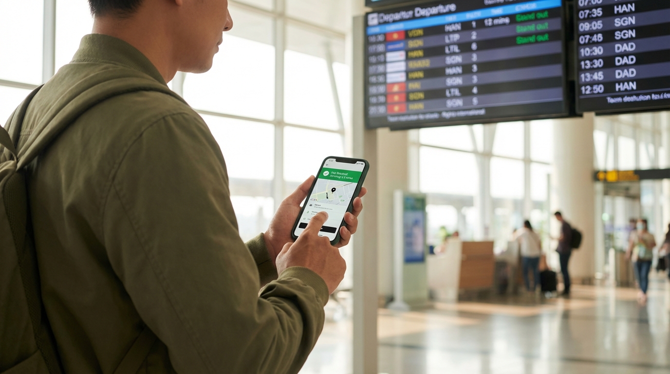 Hành khách đang đặt taxi sân bay qua app trên điện thoại