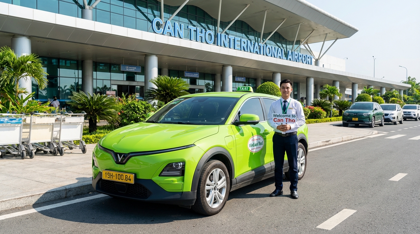 Xe taxi VinFast màu xanh cốm đậu sẵn tại sân bay Cần Thơ để đón khách