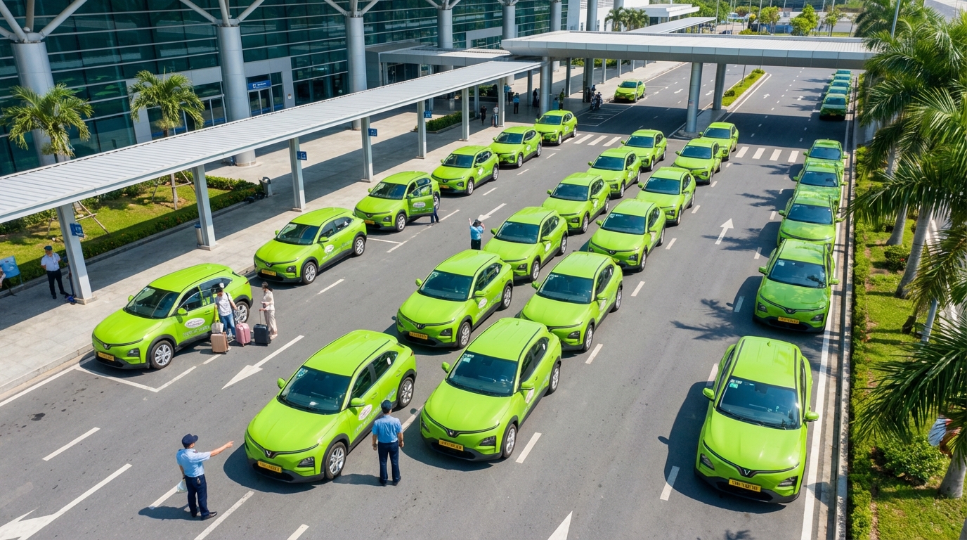 Hàng taxi xanh cốm VinFast xếp hàng tại khu vực đón khách sân bay