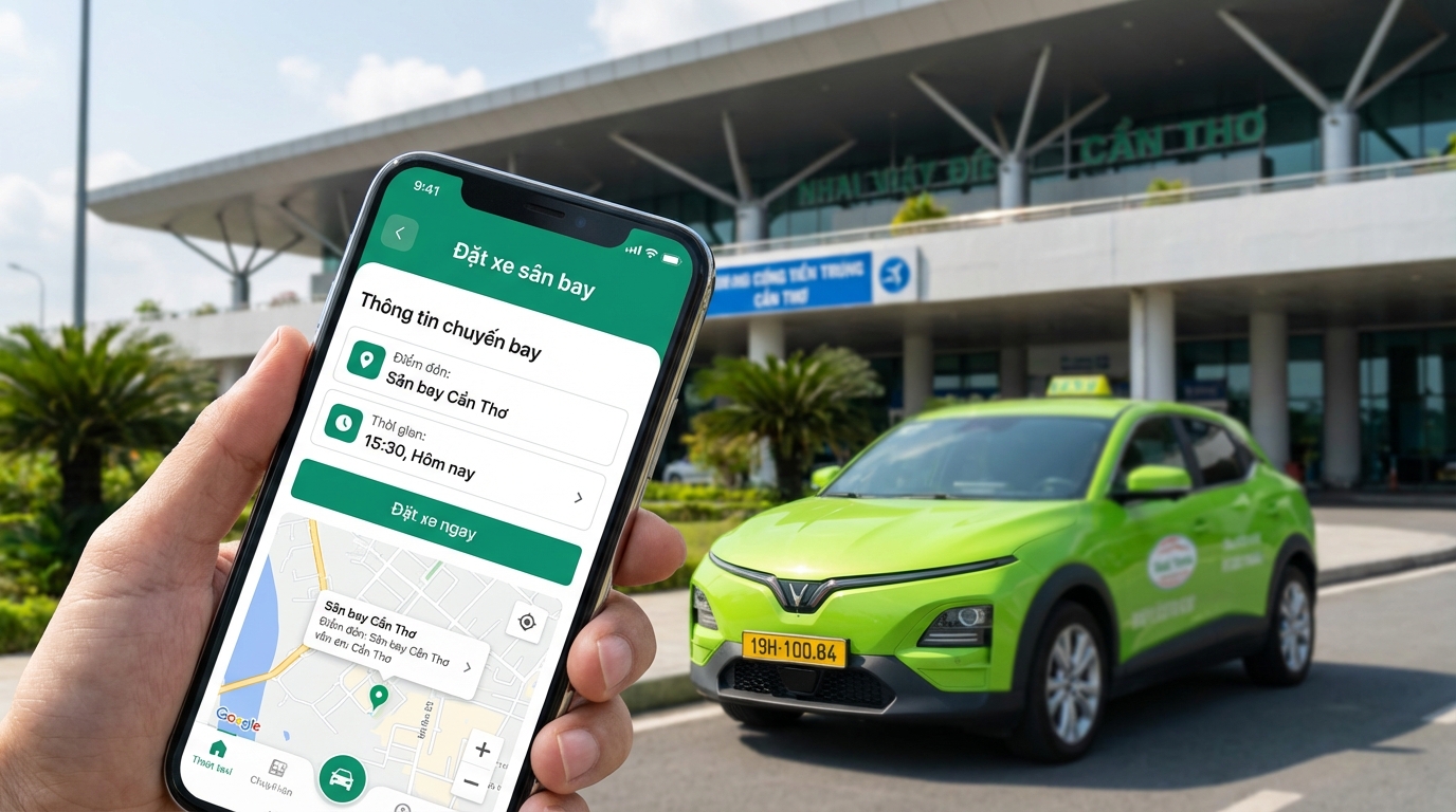 Màn hình điện thoại hiển thị app đặt taxi sân bay với xe VinFast