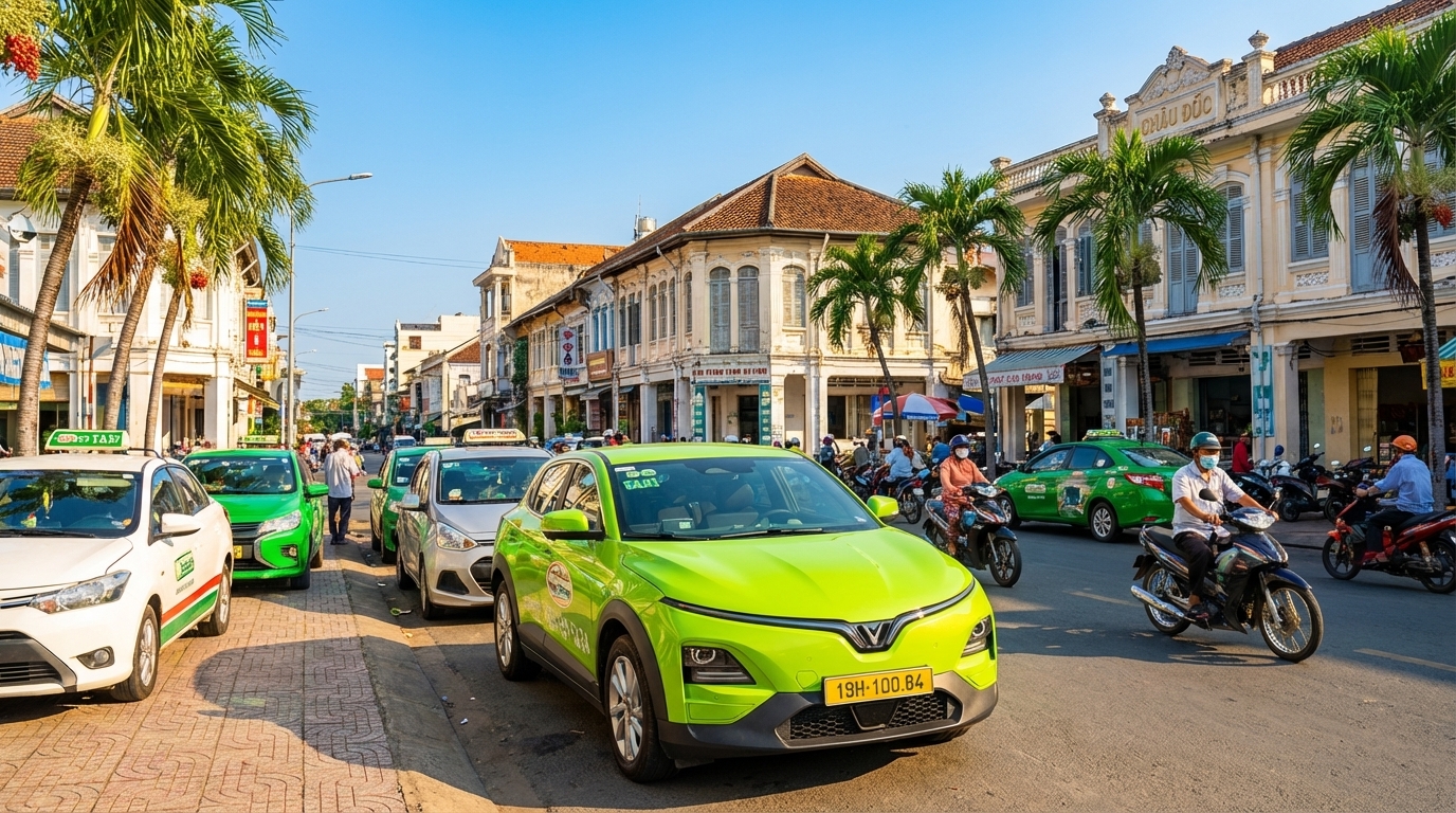 Taxi tại Châu Đốc An Giang với xe VinFast VF6 xanh cốm nổi bật