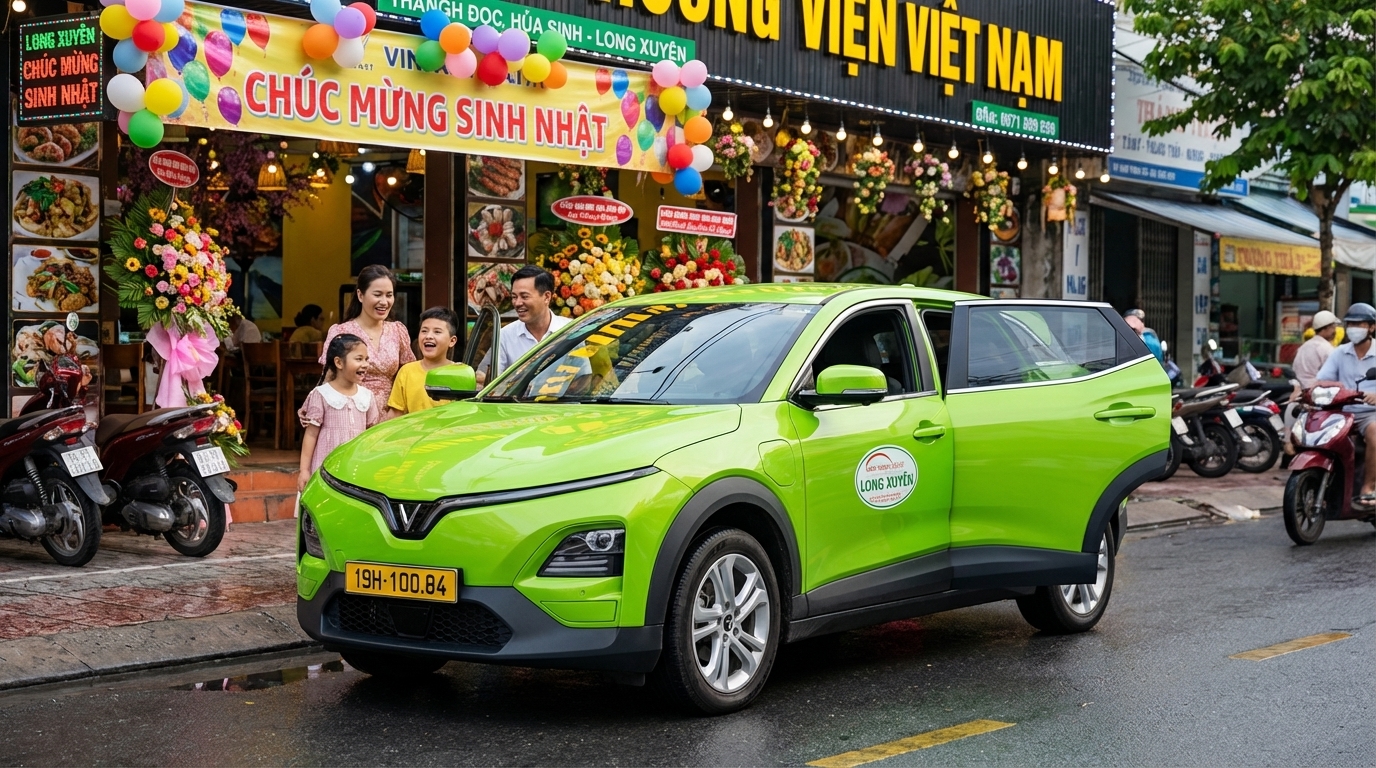 Gia đình vui vẻ đi taxi VinFast VF6 dự tiệc sinh nhật