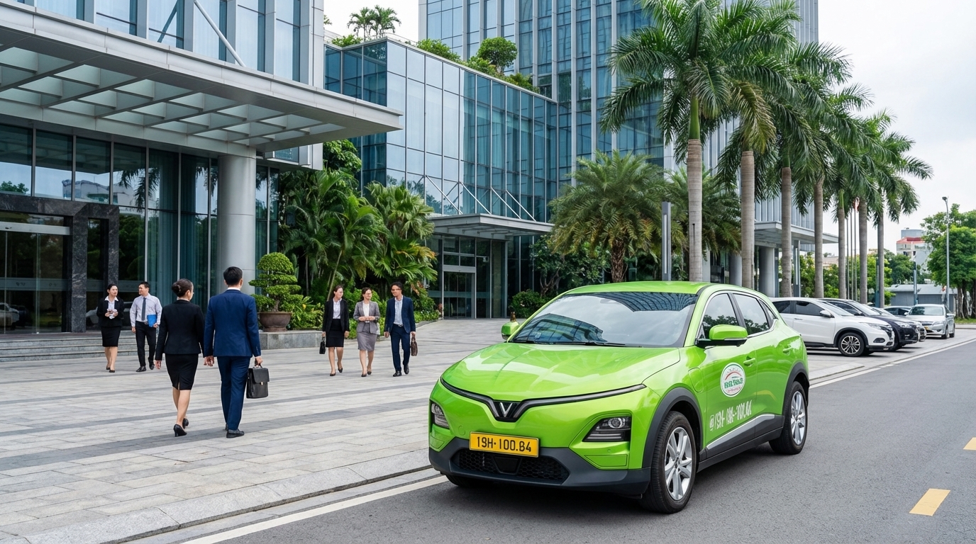 Taxi VinFast VF6 đón khách tại trung tâm hội nghị Long Xuyên