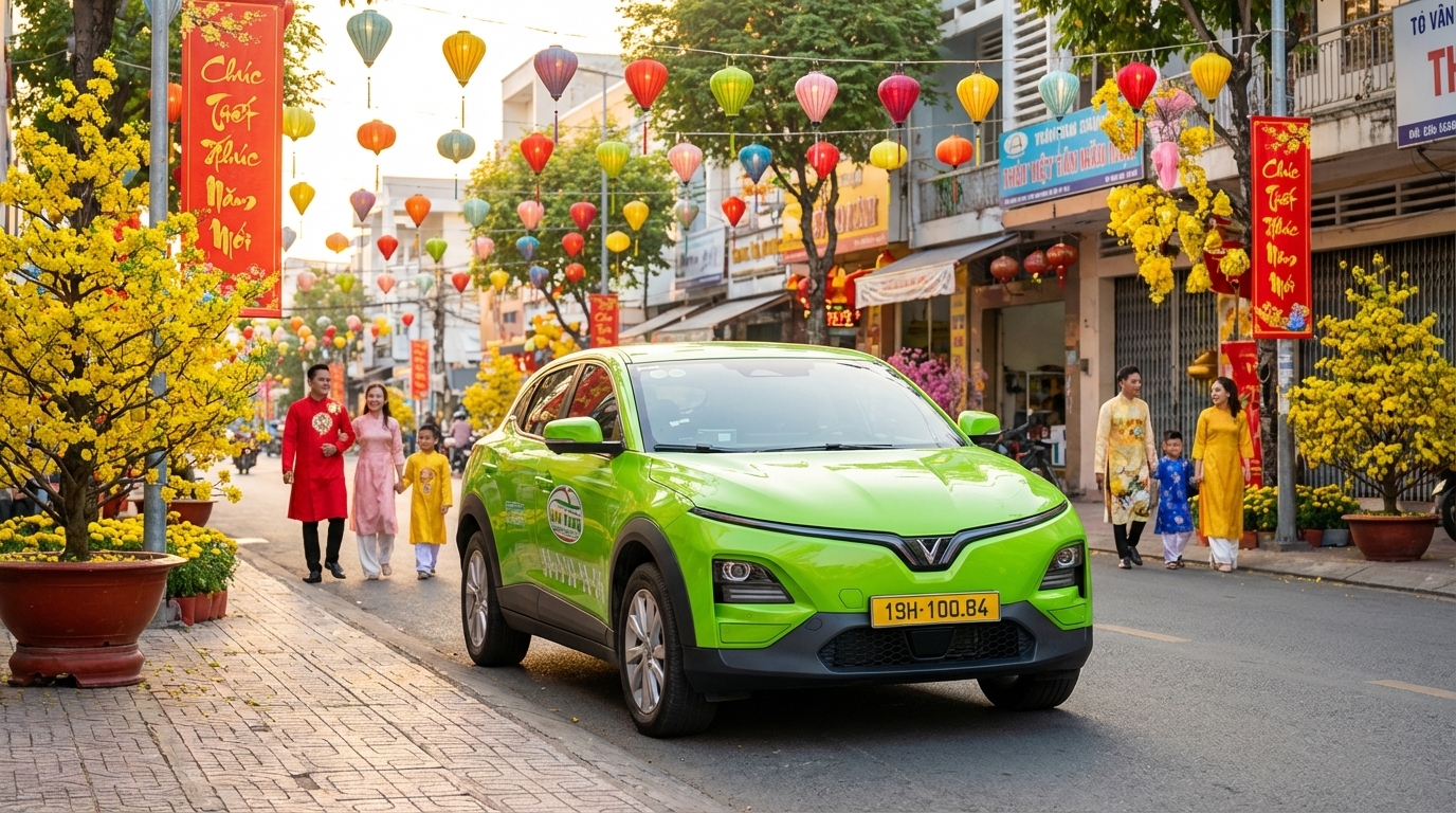 Taxi VinFast VF6 màu xanh cốm đậu trên đường phố Long Xuyên trang trí Tết