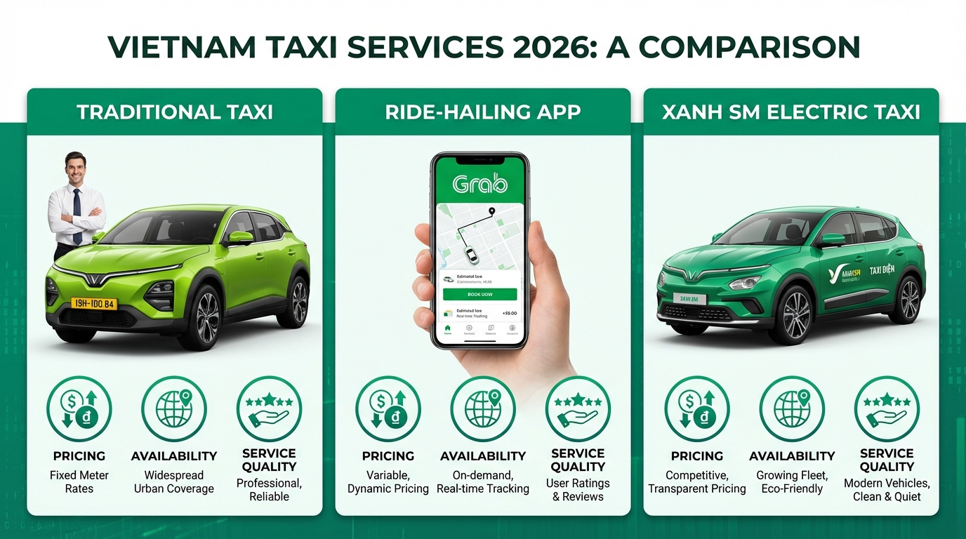 So sánh ba loại hình taxi: truyền thống, Grab và Xanh SM tại Việt Nam 2026