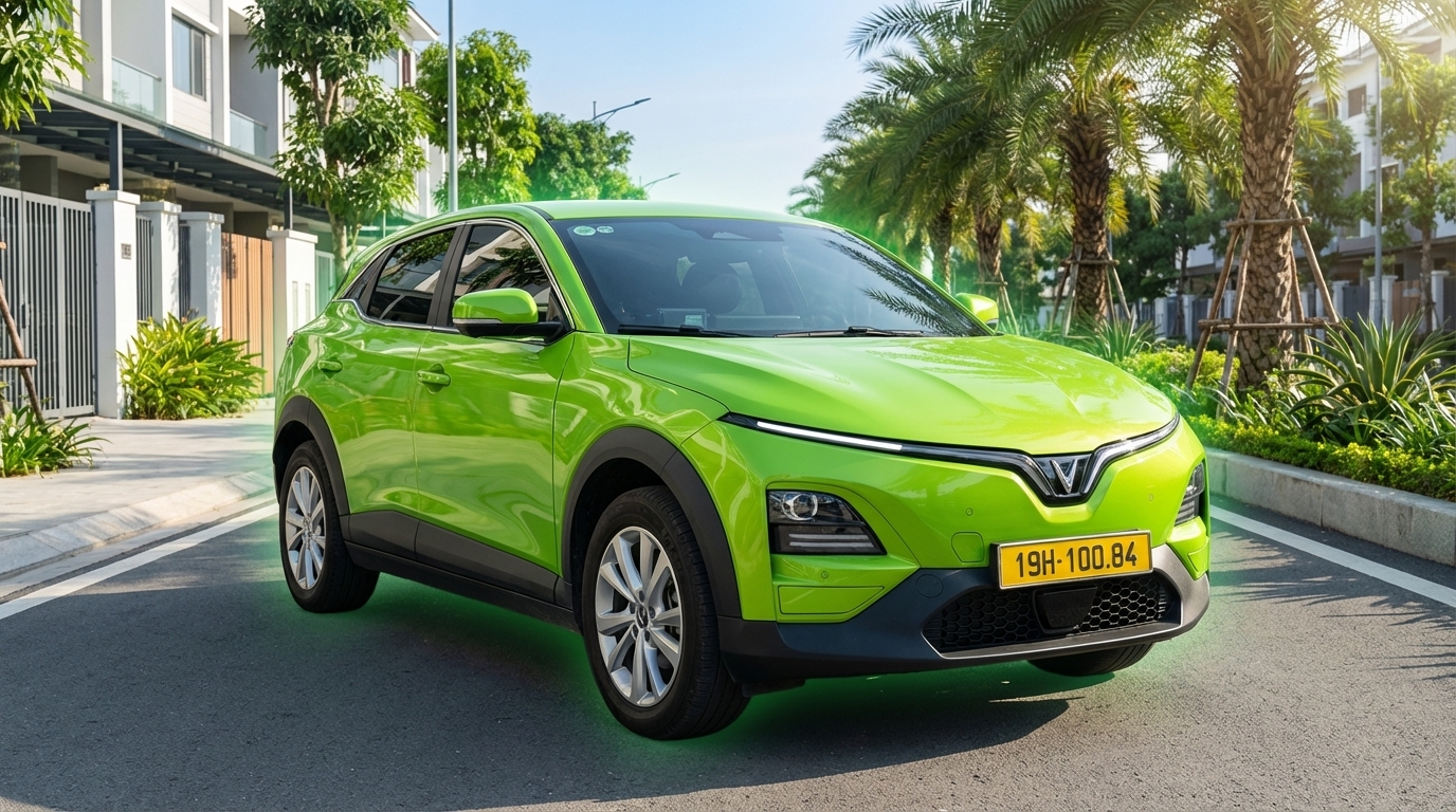 Xe điện VinFast VF6 màu xanh cốm trong khung cảnh thành phố Long Xuyên hiện đại