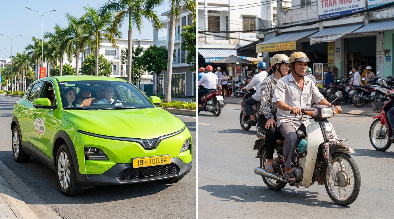 So sánh taxi VinFast VF6 hiện đại và xe ôm truyền thống