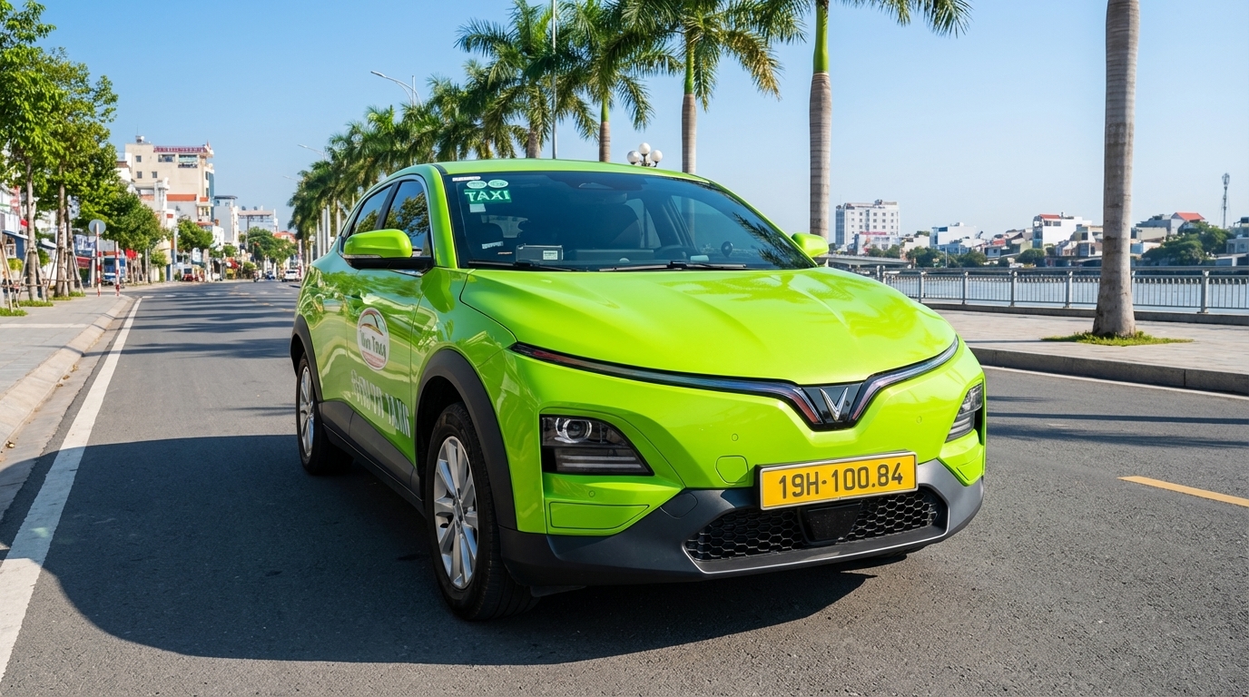 Taxi điện VinFast VF6 màu xanh cốm tại Long Xuyên — giải pháp thay thế Xanh SM