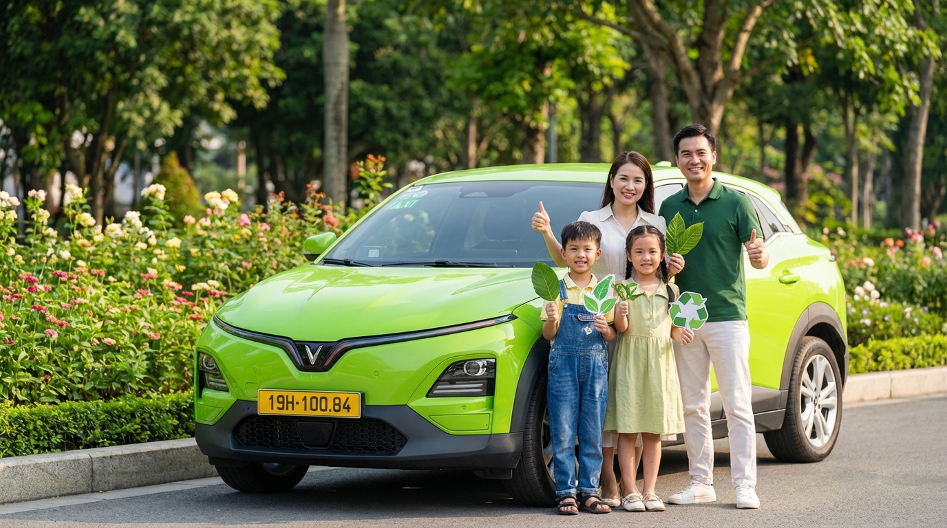 Gia đình Việt Nam vui vẻ bên xe taxi điện, thể hiện sự ủng hộ giao thông xanh
