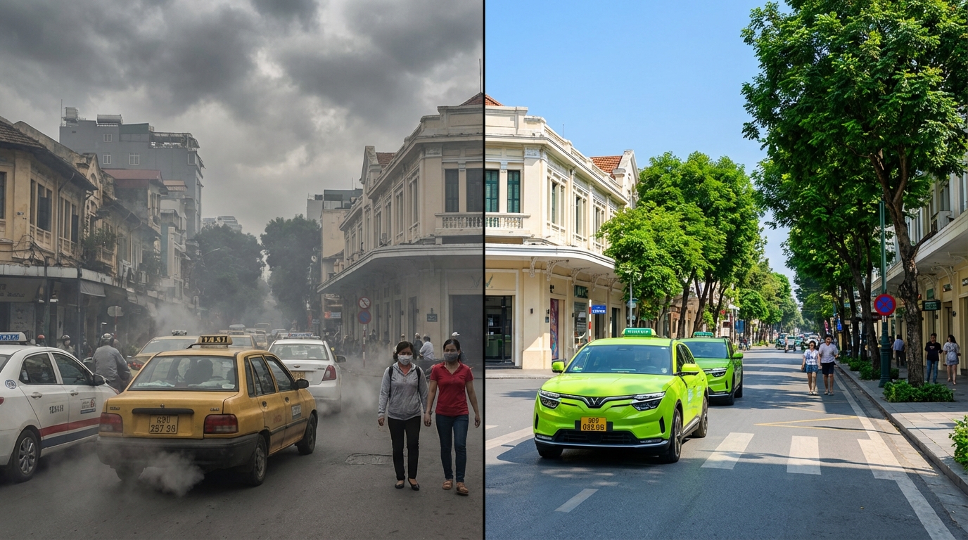 So sánh: Bên trái đường phố ô nhiễm với taxi xăng, bên phải bầu trời trong xanh với taxi điện
