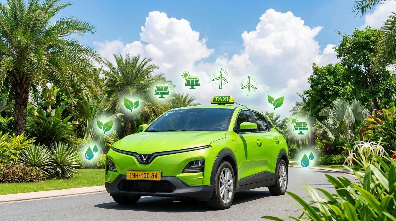 Xe taxi điện VinFast xanh cốm với biểu tượng môi trường bền vững