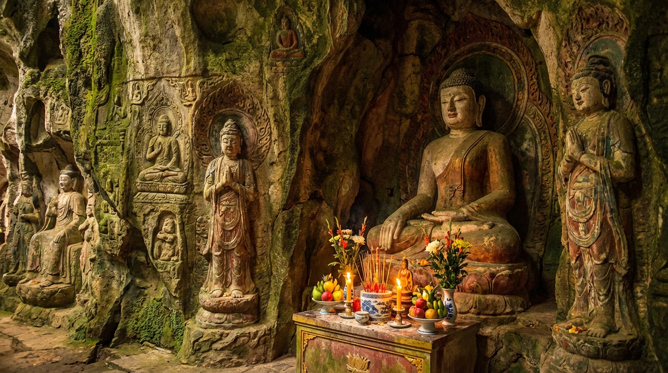 Tượng đá và bia chữ Hán cổ kính bên trong Thạch Động
