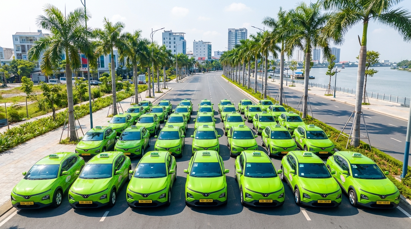 Đội xe điện VinFast xanh cốm xếp hàng trên đường phố