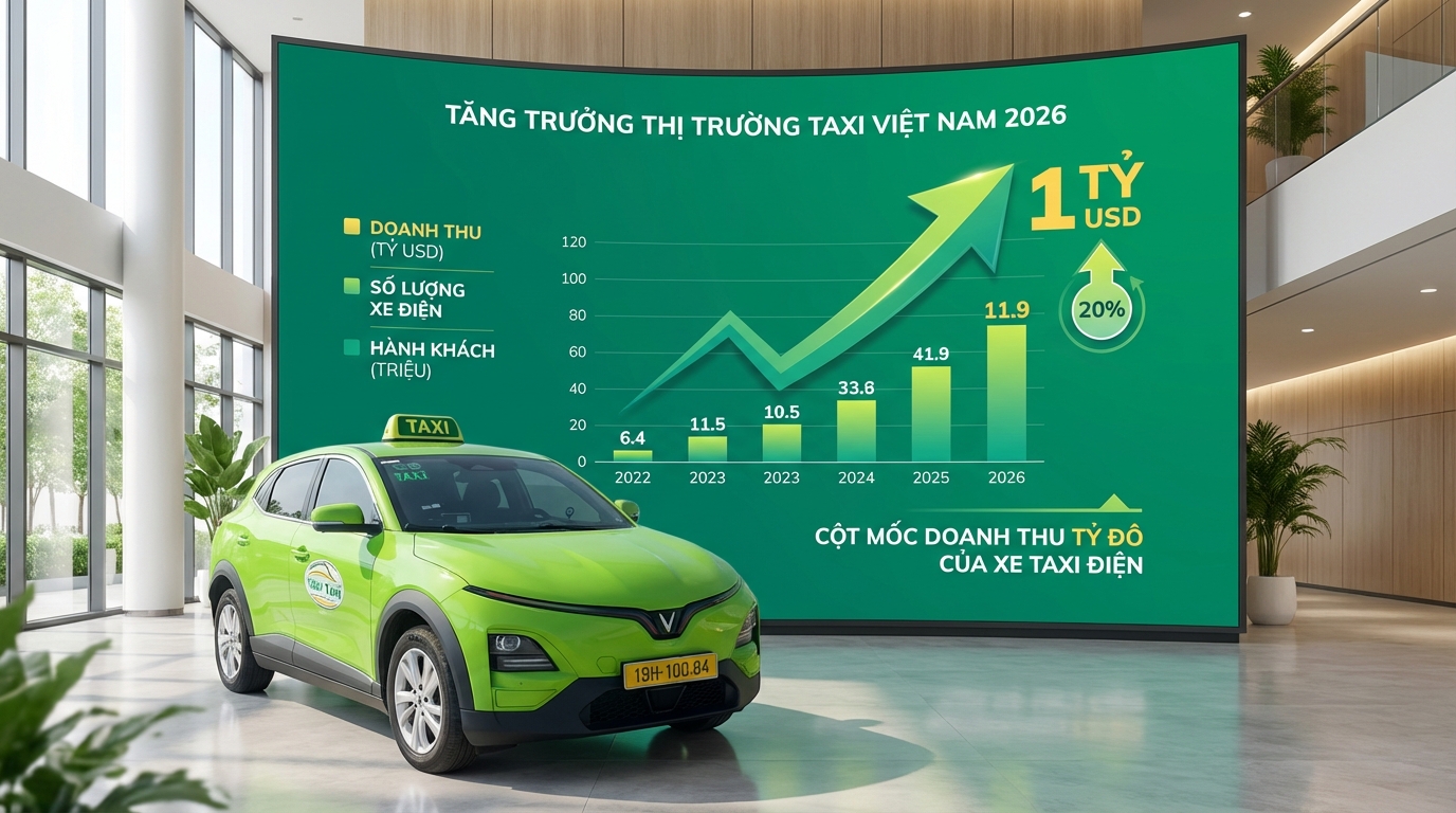 Biểu đồ tăng trưởng thị trường taxi Việt Nam 2026 với xe điện VinFast