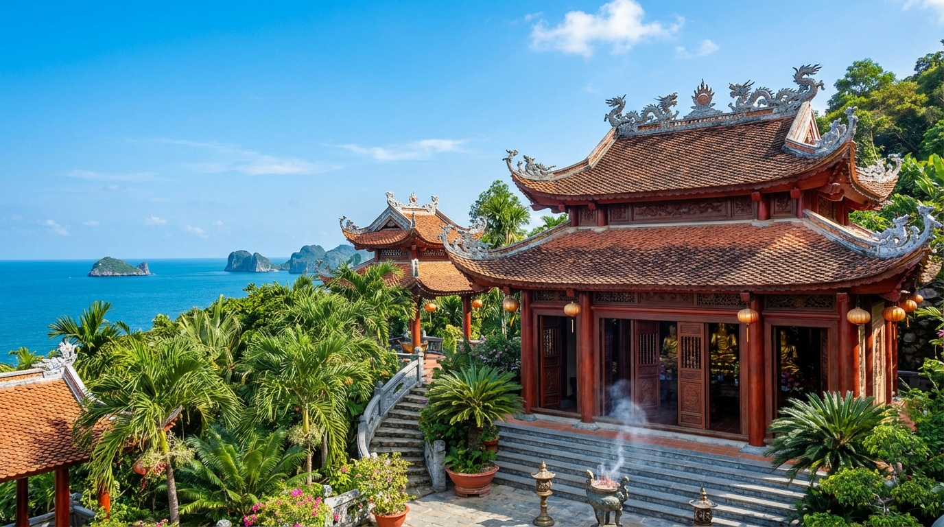 Chùa Thiên Hữu Tự Hà Tiên nằm trên đồi nhìn ra biển xanh bao la
