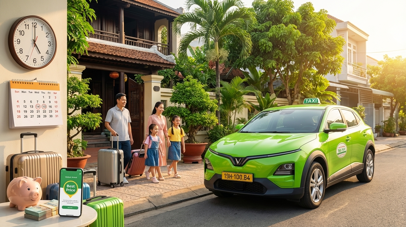 Gia đình đặt taxi VinFast VF6 sáng sớm để có giá tốt nhất