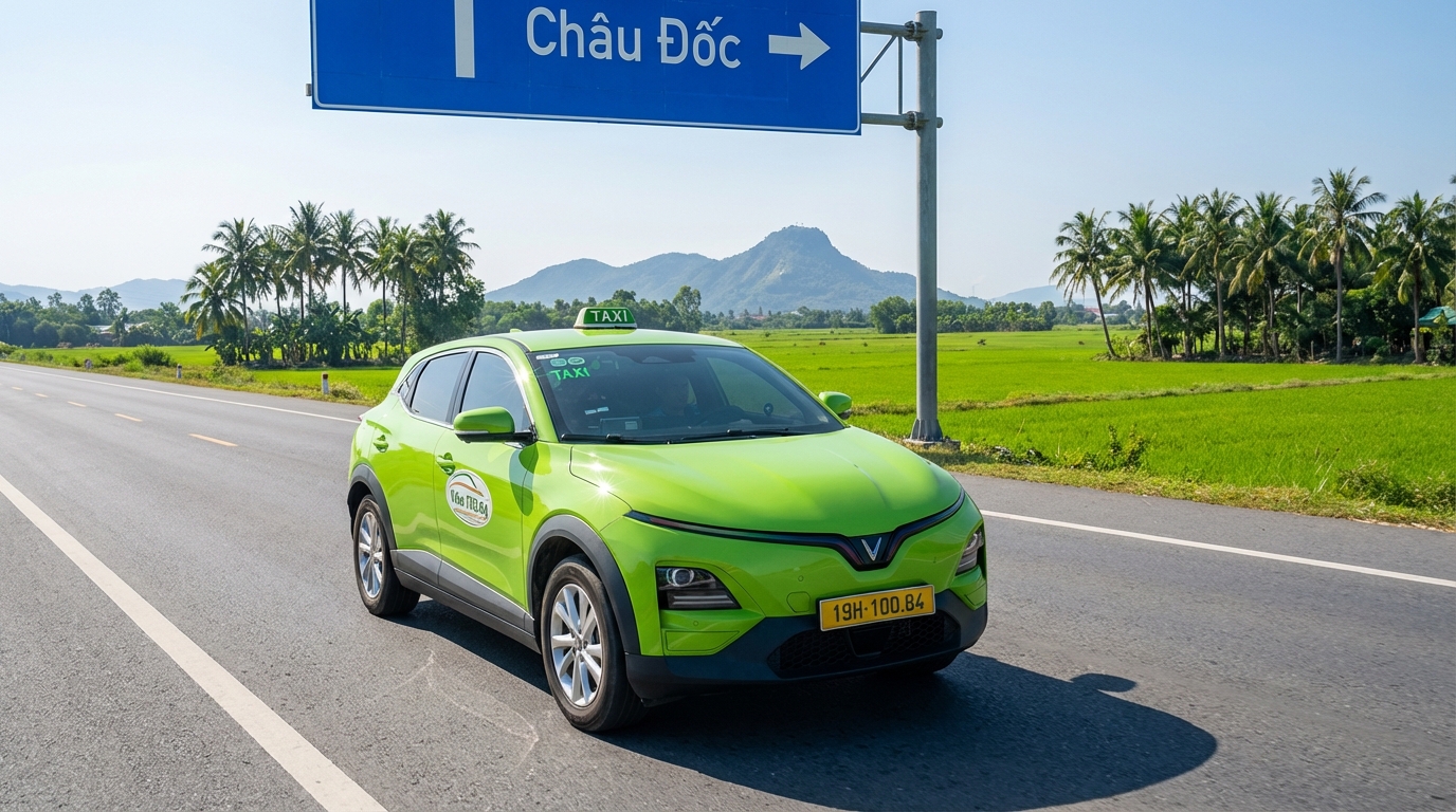 Taxi VinFast VF6 màu xanh cốm đang di chuyển trên đường đến Châu Đốc với phong cảnh đồng bằng sông Cửu Long