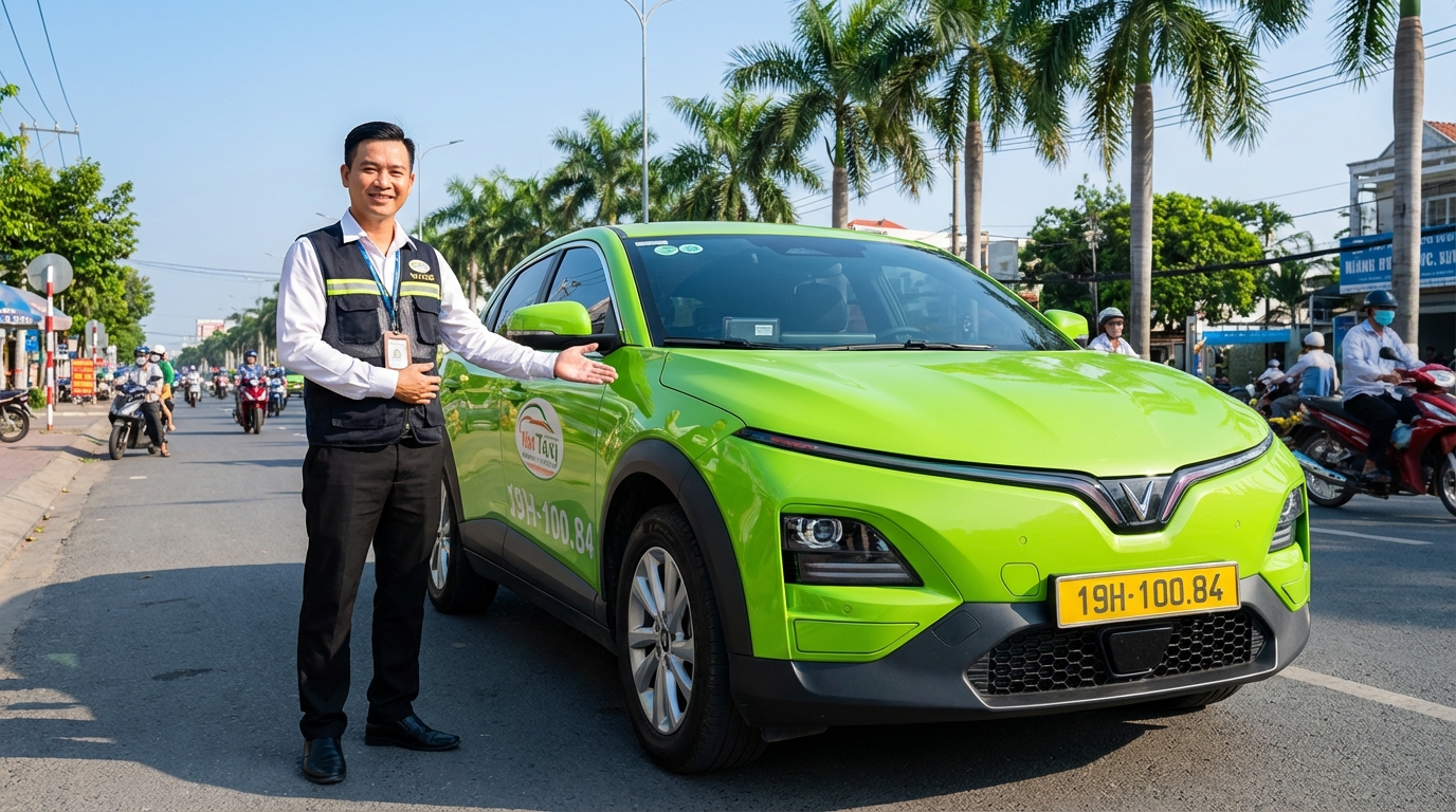 Tài xế chuyên nghiệp bên cạnh xe taxi VinFast VF6 màu xanh cốm tại Long Xuyên
